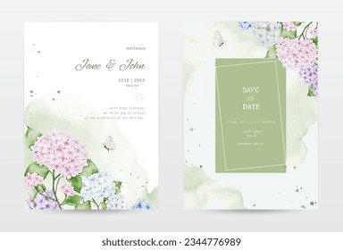 Set of watercolor invitation cards with colorful hydrangea flowers, decorated with butterflies, splatter, and stain textures. Vector perfect for a wedding card, save the date, or greeting card.