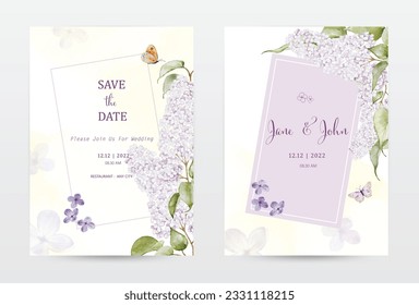 Set of watercolor invitation cards with lilac flower and butterfly. Collection watercolor botanical in pastel purple tones vector perfect for a wedding card, save the date, or greeting card.