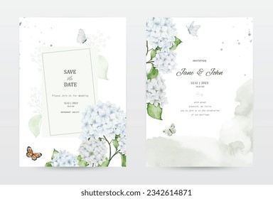 Set of watercolor invitation cards with white hydrangea flowers, decorated with butterflies, splatter, and stain textures. Vector perfect for a wedding card, save the date, or greeting card.