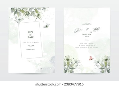 Set of watercolor invitation template cards designed with botanical and butterfly on watercolor stains. suitable for Wedding invitations, save the date, thank you, or greeting cards.