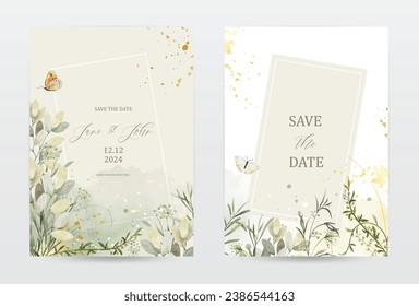 Set of watercolor invitation template cards designed with botanical and butterfly on watercolor stains. suitable for Wedding invitations, save the date, thank you, or greeting cards.