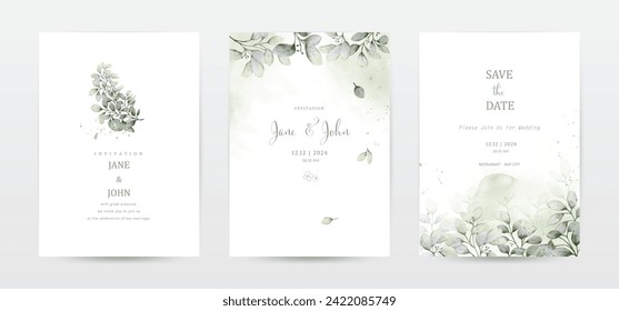 Set of watercolor invitation template cards designed with flowers and leaves on watercolor stains. suitable for Wedding invitations, save the date, thank you, or greeting cards.