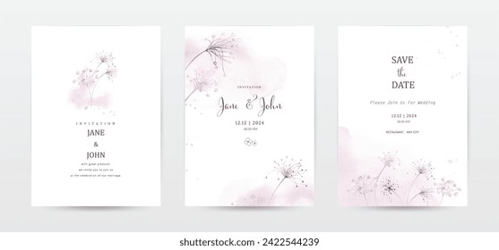 Set von Aquarelleinladungskarten, die mit Blumen und Blättern auf Aquarellflecken entworfen wurden. geeignet für Hochzeitseinladungen, speichern Sie das Datum, danke oder Grußkarten.