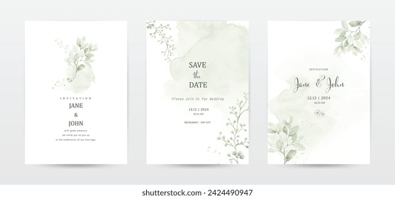 Set of watercolor invitation template cards designed with flowers and leaves on watercolor stains. suitable for Wedding invitations, save the date, thank you, or greeting cards.