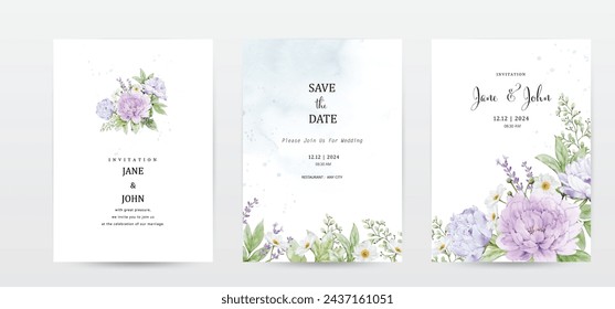 Conjunto de tarjetas de invitación de acuarela diseñadas con flores y hojas de peonía. Adecuado para invitaciones de boda, guarde la fecha, gracias o tarjetas de felicitación.