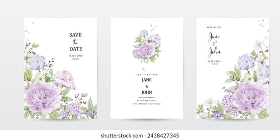 Set of watercolor invitation template cards designed with peony flowers and leaves. suitable for Wedding invitations, save the date, thank you, or greeting cards.