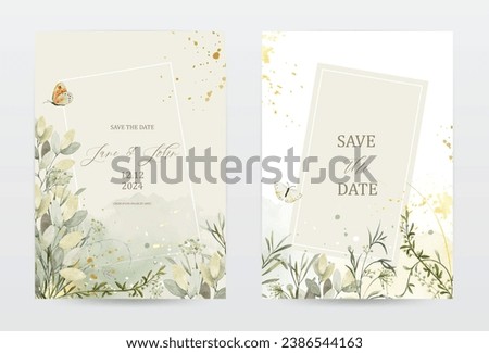 Set of watercolor invitation template cards designed with botanical and butterfly on watercolor stains. suitable for Wedding invitations, save the date, thank you, or greeting cards.