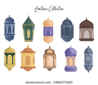 set of watercolor islamic lantern 