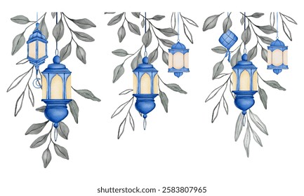 Set of Watercolor Islamic Lantern with Leaves Illustration