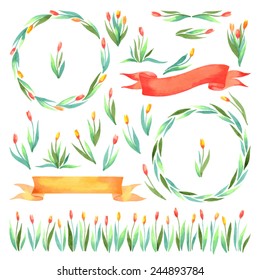Set of watercolor isolated elements: ribbons, tulips, wreaths