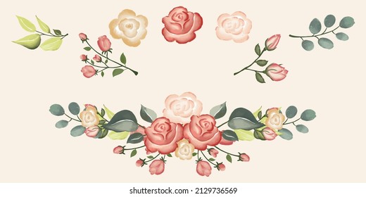 Set of watercolor isolated floral. Illustration for wedding concept with flower, floral poster. Vector arrangements for greeting card or invitation design.