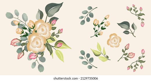 Set of watercolor isolated floral. Wedding concept with flowers. Floral poster, invite. Vector arrangements for greeting card or invitation design.