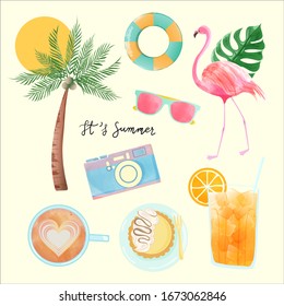 Set of watercolor isolated summer stuff. Colorful and funny