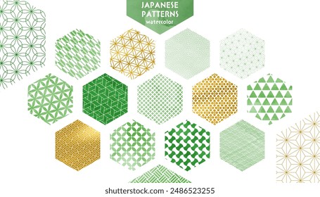 Conjunto de materiales de patrón japonés de acuarela con hexágonos verdes y dorados
