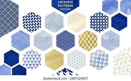 Set of watercolor Japanese pattern materials with blue and gold hexagons
