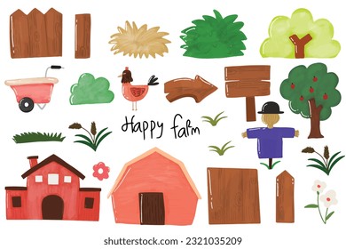 Set of watercolor  kawaii hand drawing  farm element design. children books