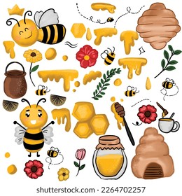 Set of watercolor kawaii honey bee decoration element. 