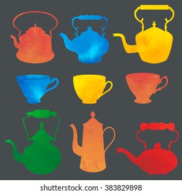 Set of watercolor kettles and cups. Vector illustration