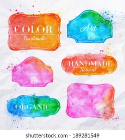 Set watercolor labels design elements, vintage frame handmade aquarelle.