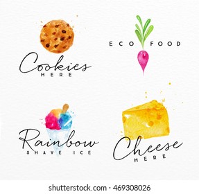 Set of watercolor labels lettering cookies here, eco food, rainbow shave ice, cheese here drawing on watercolor background