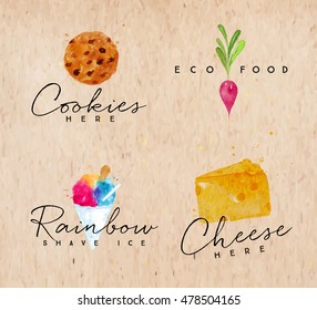 Set of watercolor labels lettering cookies here, eco food, rainbow shave ice, cheese here drawing on kraft background