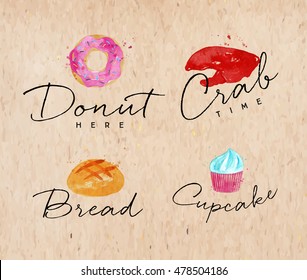 Set of watercolor labels lettering donuts here, crab time, bread, cupcake drawing on kraft background