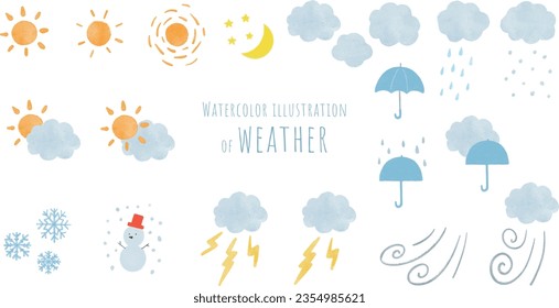 Set of watercolor lasts representing the weather of the sun and clouds, such as sunny or cloudy, rain, snow, thunder, etc.