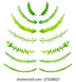 Set of watercolor laurels. Hand drawn branches with leaves.