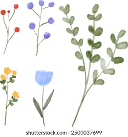 Conjunto de diseño de hoja de acuarela y elemento floral para Plantillas.