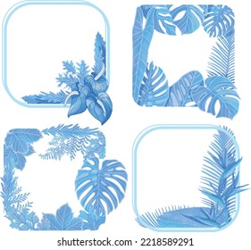 Conjunto de hojas de acuarela y marco de flores, clipart de hojas azules