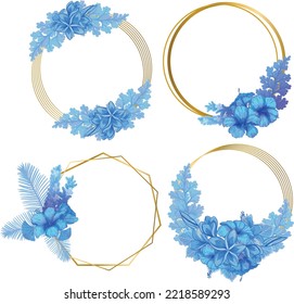 Set of Watercolor Leaf and Flower Frame, Blue leaves clipart