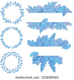 Conjunto de hojas de acuarela y marco de flores, clipart de hojas azules