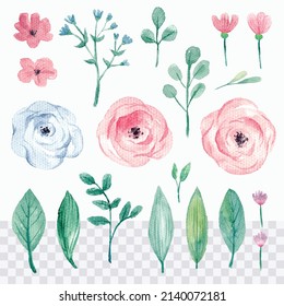 Set of watercolor leaves and flowers
