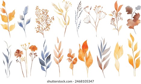  Set of watercolor leaves, pastel colors, for design, clipart