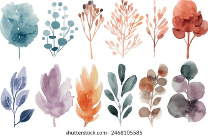 Conjunto de hojas de acuarela, colores pastel, para el diseño, Clipart