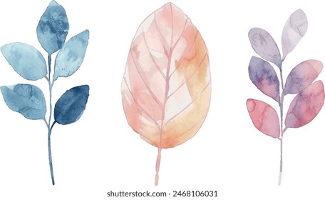 Set of watercolor leaves, pastel colors, clipart for design
