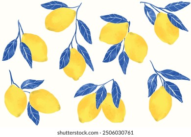 Set of watercolor Lemons with leaves Pattern Background. Spring, Summer Background. Summer card with lemon branch. Watercolor pattern design elements with citrus fruits