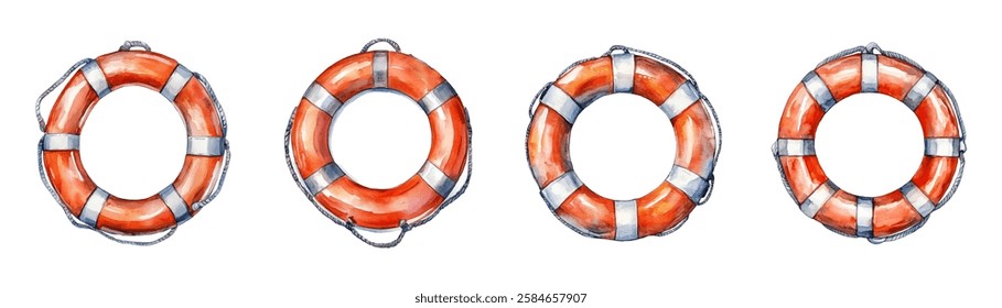 Set of watercolor lifebuoys png. Vintage lifebuoys for water with ropes. Concept of rescue, safety, swimming etc. Vector illustration.