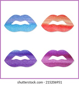 Set of watercolor lips. Different colors, vector.