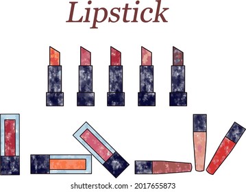 Set of watercolor lipsticks. Multi-colored lipsticks for cosmetics stores, make-up artists, prints, banners. Hand drawn vector illustration.