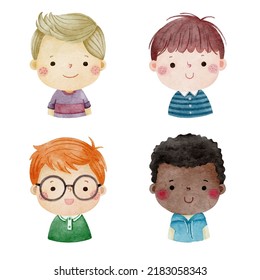 Set of watercolor little boy faces, avatars, kid heads different nationality set 2.