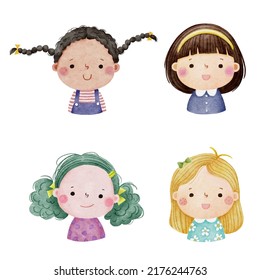Set of watercolor little girl faces, avatars, kid heads different nationality set 1. 