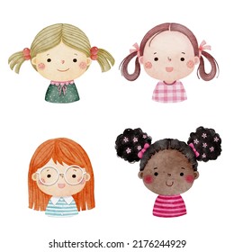 Set of watercolor little girl faces, avatars, kid heads different nationality set 2. 
