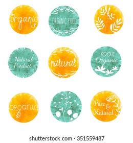 Set of Watercolor logotypes.Vector green and yellow stains, labels, plants elements, laurels. Bio, Ecology, Organic, eco, natural design templates. Hand painted logotypes.