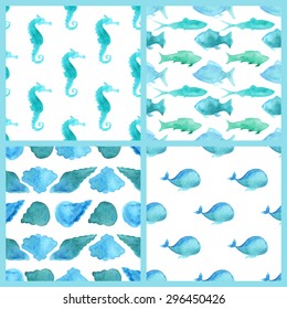 Set of watercolor marine boundless patterns. Blue watercolor various fishes, whales, shells, sea horses on white background. 