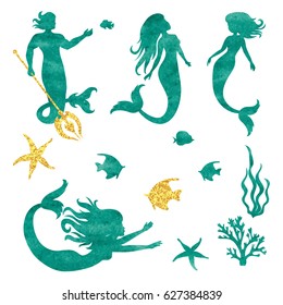 Set of watercolor mermaid silhouettes isolated on white. Vector illustration.