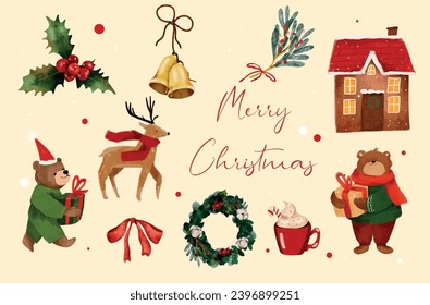 Set of Watercolor Merry Christmas illustrations. Cute clip art elements, festive new year collection. Vector illustrations, ready to print. Perfect for invitation, card, banner, decorations