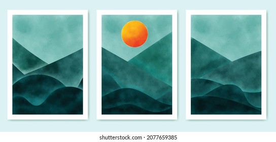 Set Of Watercolor Minimal Landscape