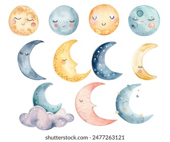 Set of watercolor moon. Delicate, magic childish decoration. Fairy illustration, pastel color. 