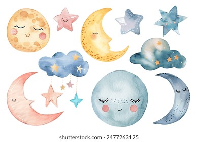 Set of watercolor moon and stars. Delicate, magic childish decoration. Fairy illustration, pastel color. 